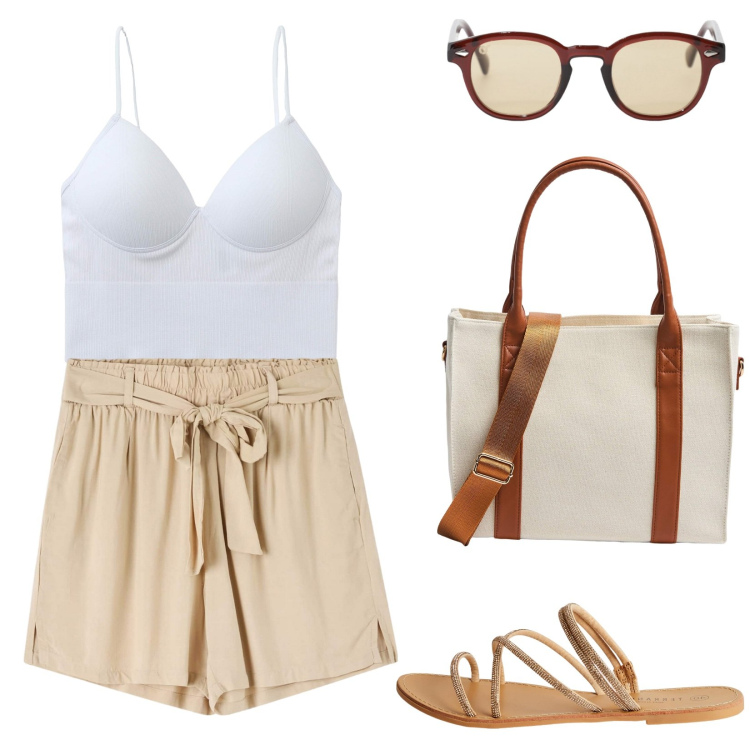Outfit donna - Free time. Stile Casual per Tutti i giorni. Abbinamento con sandali, shopping bag, shorts, top, occhiali da sole.