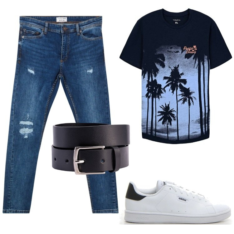 Outfit uomo - Illustrazione grafica. Stile Trendy per Tutti i giorni. Abbinamento con t-shirt, jeans strappati, cinture, sneakers.