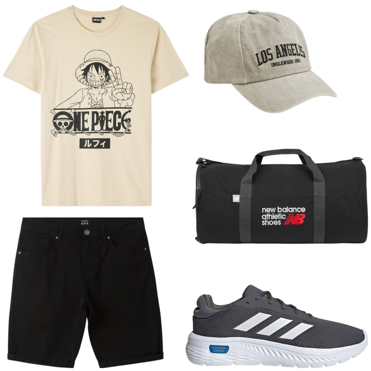 Outfit uomo - T-shirt grafica in viaggio. Stile Urban per Tutti i giorni. Abbinamento con bermuda, t-shirt, cappelli, borse sportive, sneakers.