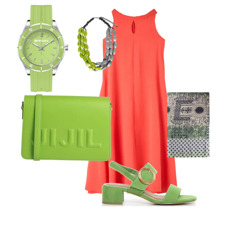 Outfit donna - Urban chic. Stile Casual chic per Tutti i giorni. Abbinamento con borse a tracolla, vestiti senza maniche, orologi, collane, stole, sandali col tacco.
