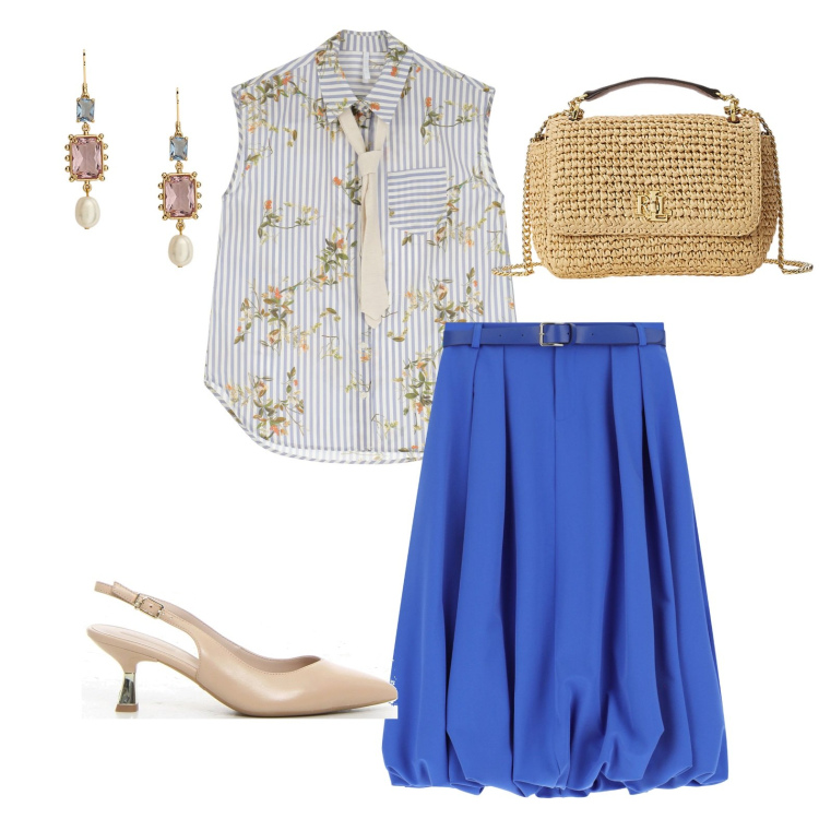 Outfit donna - Summer vibes. Stile Glamour per Serata fuori. Abbinamento con camicie, gonne longuette, borse a spalla, orecchini, décolleté.