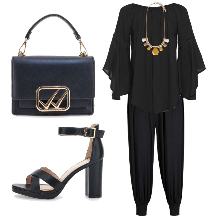 Outfit donna - Total black. Stile Glamour per Serata fuori. Abbinamento con bluse, pantaloni, borse a tracolla, collane, sandali col tacco.