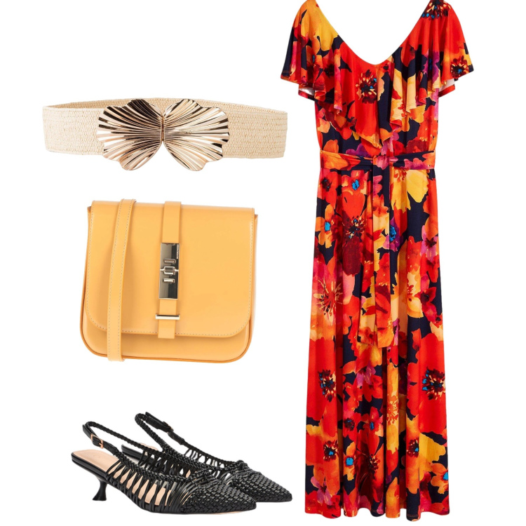 Outfit donna - Total look #2131387. Stile Romantica per Serata fuori. Abbinamento con cinture, vestiti lunghi, borse a tracolla, décolleté.