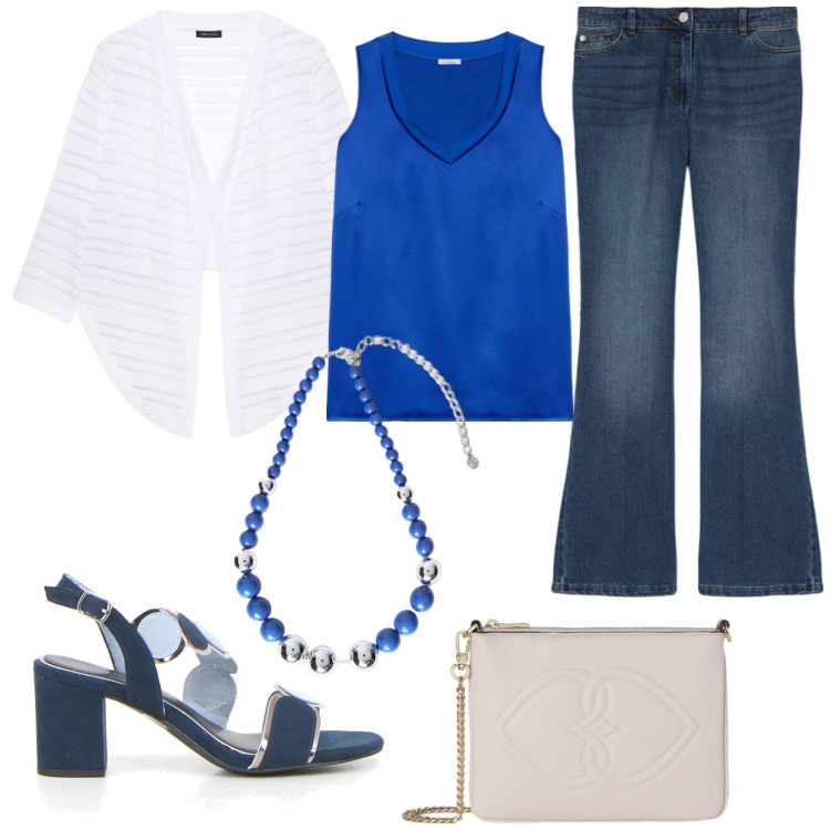 Outfit donna - Boscaini scarpe. Stile Casual chic per Serata fuori. Abbinamento con top, bolero, collane, jeans, pochette, sandali col tacco.