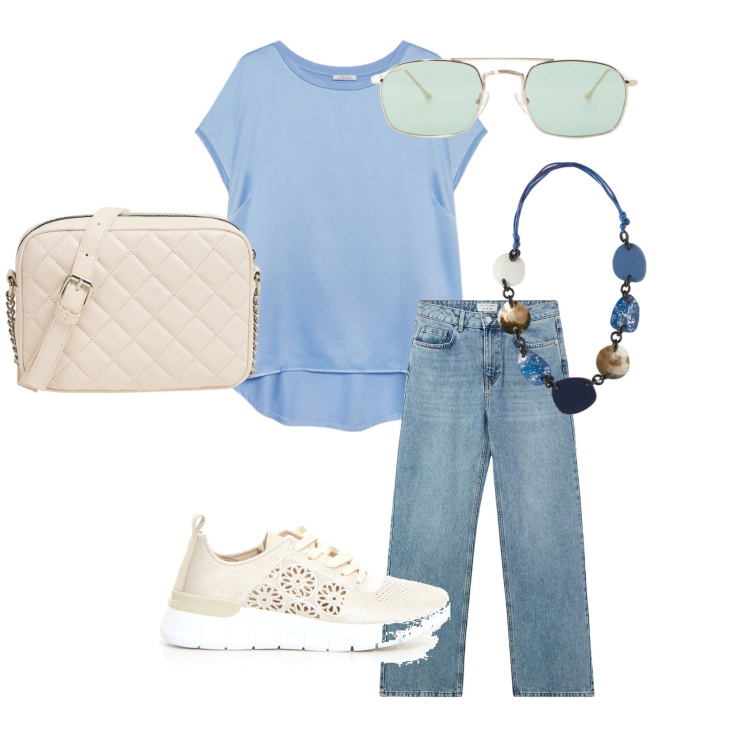 Outfit donna - Free time. Stile Casual chic per Tutti i giorni. Abbinamento con jeans, borse a tracolla, occhiali da sole, sneakers, bluse, collane.