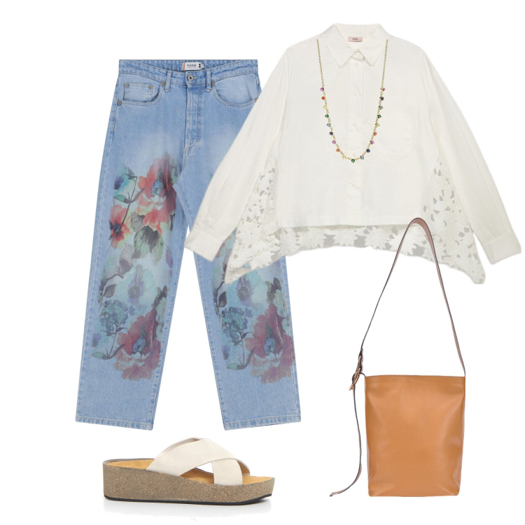 Outfit donna - Total look #2131403. Stile Casual chic per Tutti i giorni. Abbinamento con collane, jeans dritti, ciabatte, borse a secchiello, camicie.