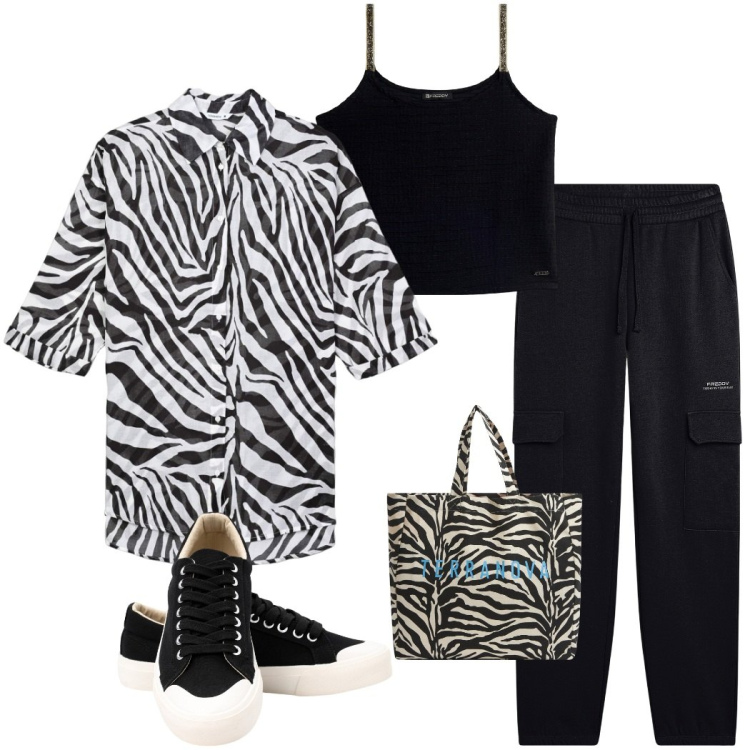 Outfit donna - Giungla cittadina. Stile Trendy per Serata fuori. Abbinamento con camicie, borse tote, canottiere, pantaloni cargo, sneakers.