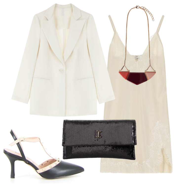 Outfit donna - Slipdress champagne. Stile Chic per Serata fuori. Abbinamento con borse a tracolla, blazer, vestiti corti, sandali in pelle, ciondoli.