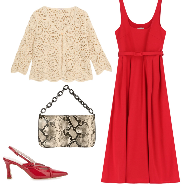 Outfit donna - Gran mix. Stile Glamour per Serata fuori. Abbinamento con vestiti midi/longuette, décolleté, cardigans, borse a tracolla.