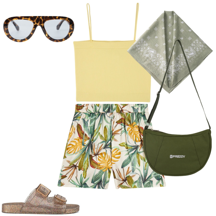 Outfit donna - Verde foresta. Stile Urban per Tutti i giorni. Abbinamento con canottiere, occhiali da sole, borse a spalla, pantaloni, sandali, foulard.