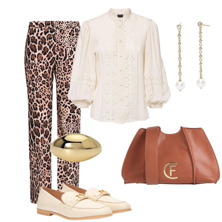 Outfit donna - Maculato con stile. Stile Casual chic per Tutti i giorni. Abbinamento con camicie, borse a tracolla, pantaloni, orecchini, anelli, mocassini.