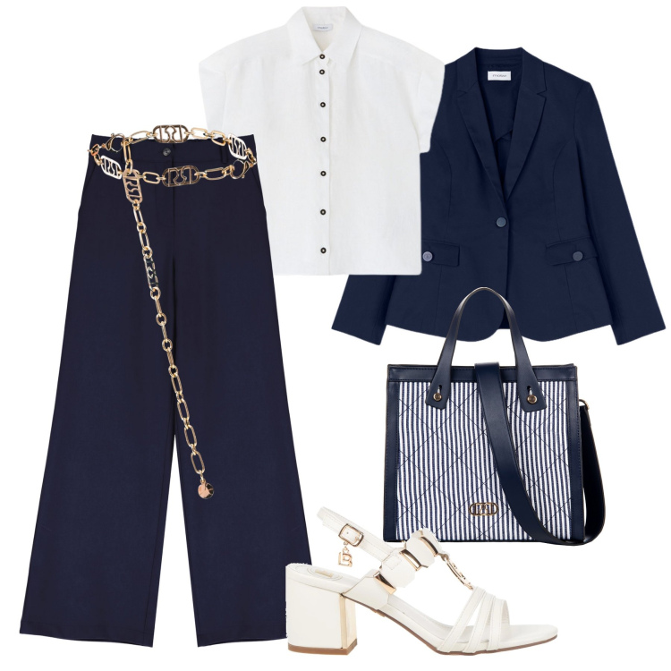 Outfit donna - Il completo blu al lavoro. Stile Glamour per Ufficio. Abbinamento con sandali col tacco, shopping bag, cinture, pantaloni a palazzo, camicie a manica corta, blazer.