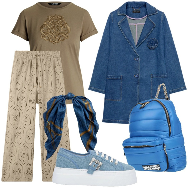 Outfit donna - Blu e tortora casual chic. Stile Urban per Scuola/Università. Abbinamento con zaini, sneakers, pantaloni, foulard, t-shirt, trench.