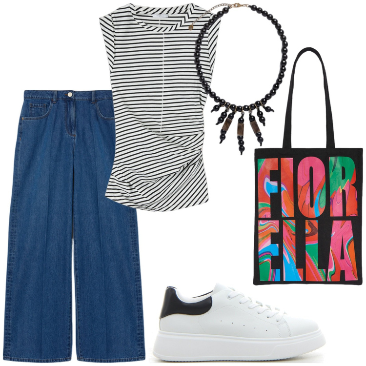 Outfit donna - Total look #2131444. Stile Sporty chic per Tutti i giorni. Abbinamento con borse tote, jeans, top, collane, sneakers.