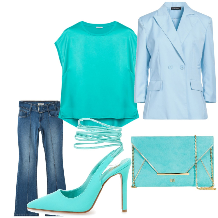 Outfit donna - Tiffany & co.. Stile Casual chic per Tutti i giorni. Abbinamento con blazer, jeans a zampa, pochette, décolleté, bluse.