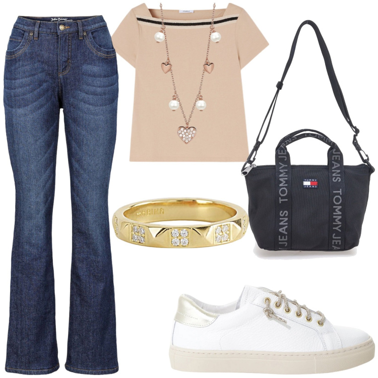 Outfit donna - Total look casual. Stile Basic per Tutti i giorni. Abbinamento con jeans bootcut, collane, anelli, sneakers, t-shirt, borse a tracolla.