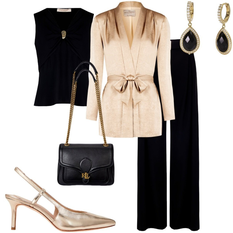 Outfit donna - Cerimonia bantoa. Stile Chic per Cerimonia. Abbinamento con orecchini, blazer, pantaloni, top, borse a spalla, décolleté.
