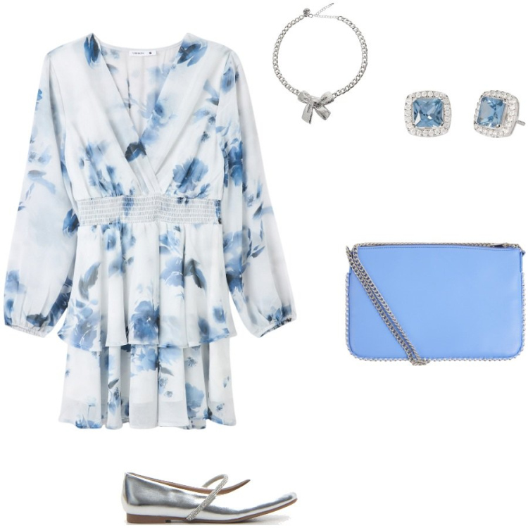 Outfit donna - Fiori blu. Stile Romantica per Serata fuori. Abbinamento con borse a tracolla, vestiti, orecchini, collane, ballerine.