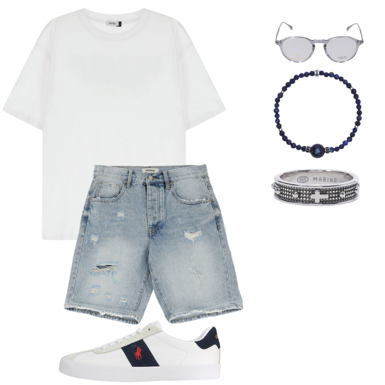 Outfit uomo - minimal. Stile Trendy per Tutti i giorni. Abbinamento con braccialetti, anelli, t-shirt, bermuda, sneakers, occhiali da sole.