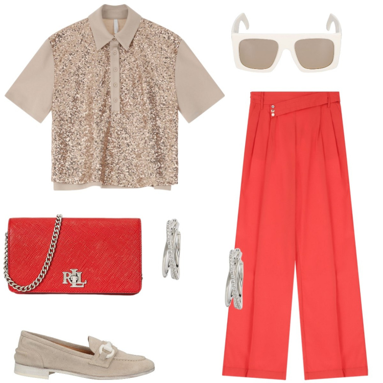 Outfit donna - La polo chic. Stile Casual chic per Tutti i giorni. Abbinamento con mocassini, pantaloni, polo, orecchini, borse a tracolla, occhiali da sole.
