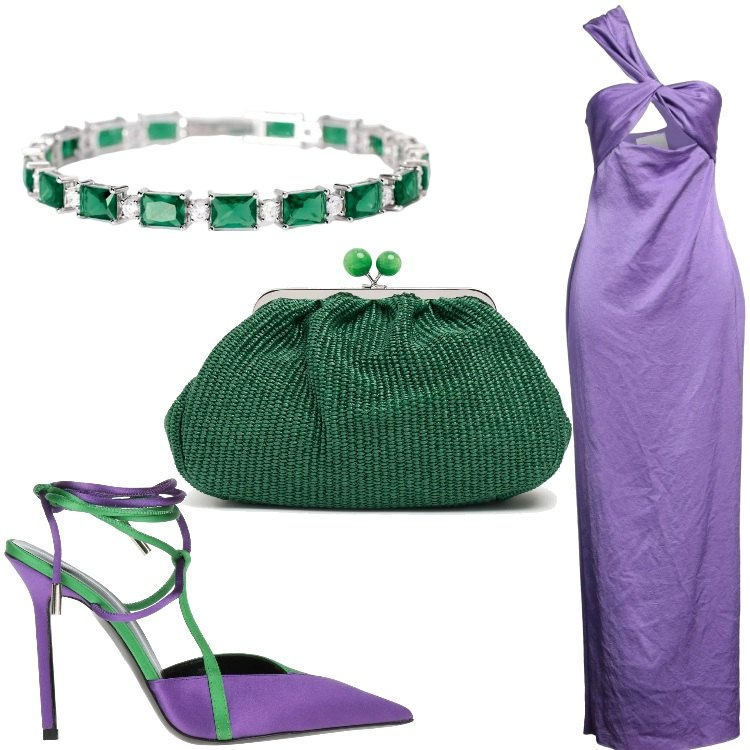 Outfit donna - Viola e smeraldo. Stile Glamour per Serata fuori. Abbinamento con décolleté, vestiti lunghi, braccialetti, pochette.