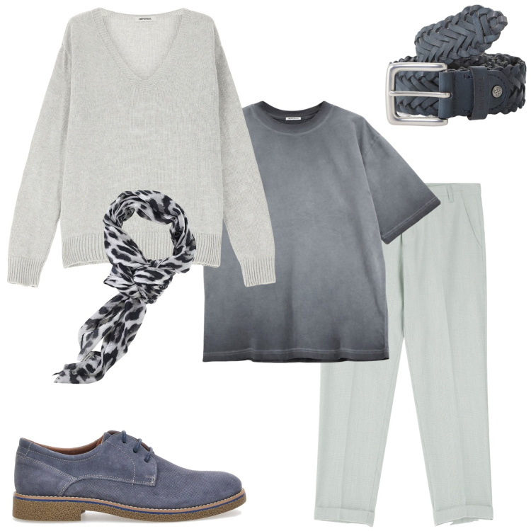 Outfit uomo - Serata con amici. Stile Casual per Serata speciale. Abbinamento con pantaloni, maglieria, cinture, t-shirt, sciarpe e foulard, scarpe stringate.