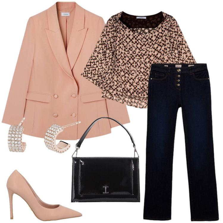 Outfit donna - Jeans chic. Stile Casual chic per Serata fuori. Abbinamento con décolleté, orecchini, borse a tracolla, jeans, bluse, blazer.