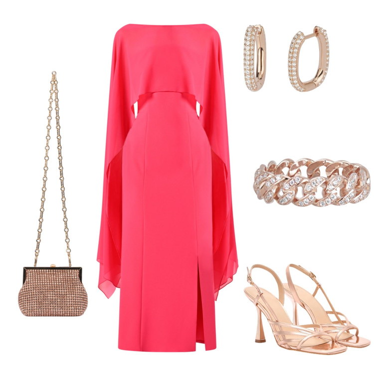 Outfit donna - Pranzo al ristorante. Stile Chic per Serata fuori. Abbinamento con vestiti, anelli, orecchini, sandali col tacco, clutch.