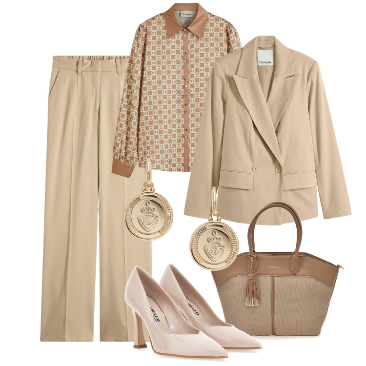 Outfit donna - Look H24. Stile Glamour per Tutti i giorni. Abbinamento con pantaloni, bluse, blazer, orecchini, décolleté, borse tote.
