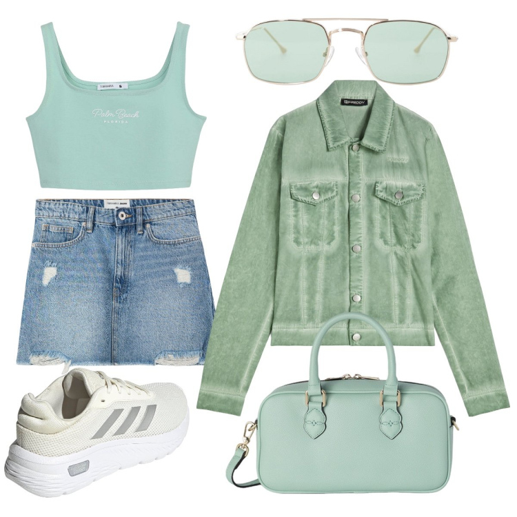 Outfit donna - Light Green. Stile Urban per Tutti i giorni. Abbinamento con minigonne, top, occhiali da sole, blazer, sneakers, borse a mano.