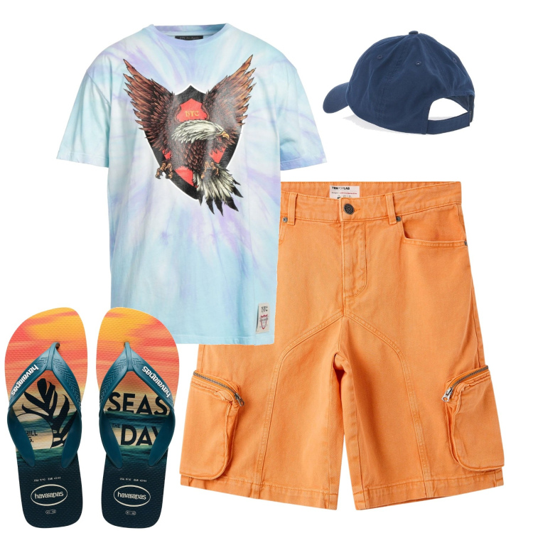 Outfit uomo - Al mare. Stile Casual per Mare. Abbinamento con t-shirt, pantaloni corti, cappelli, sandali.