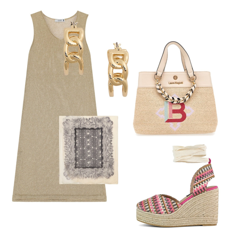 Outfit donna - Midi in maglina. Stile Basic per Tutti i giorni. Abbinamento con vestiti midi/longuette, orecchini, zeppe, borse a mano, sciarpe.