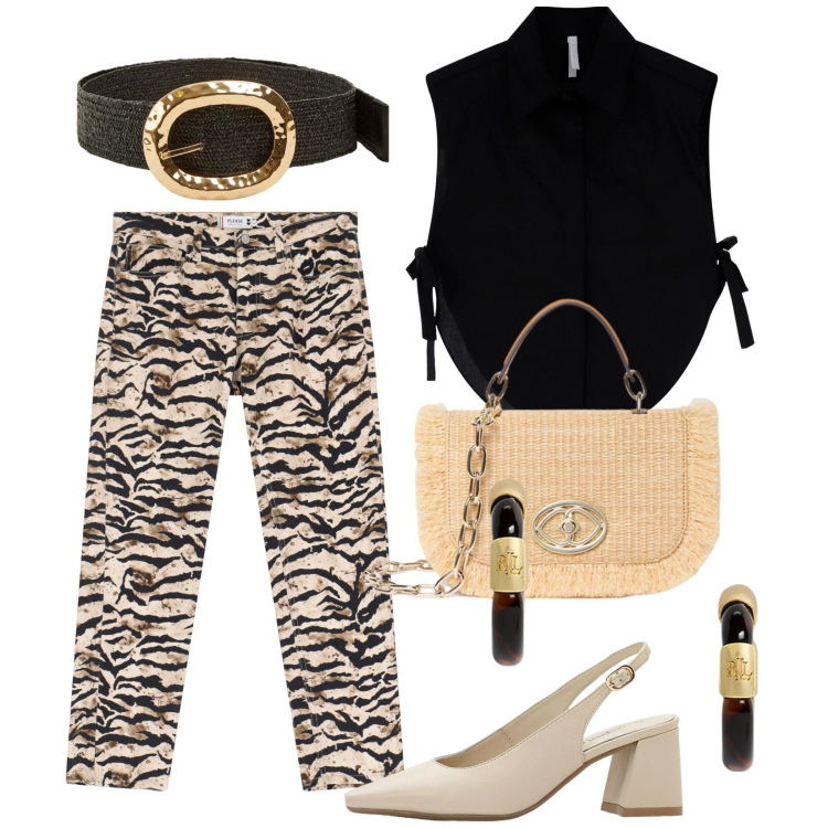 Outfit donna - Total look #2131534. Stile Glamour per Serata fuori. Abbinamento con décolleté, cinture, pantaloni chino, camicie, orecchini, borse a tracolla.
