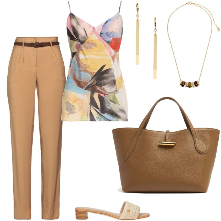 Outfit donna - Il pantalone a vita alta. Stile Chic per Ufficio. Abbinamento con pantaloni, top, collane, orecchini, sandali in pelle, shopping bag.