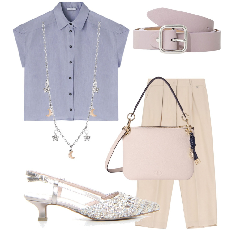 Outfit donna - Total look #2131538. Stile Casual chic per Ufficio. Abbinamento con collane, pantaloni, cinture, sandali col tacco, borse a tracolla, camicie a manica corta.