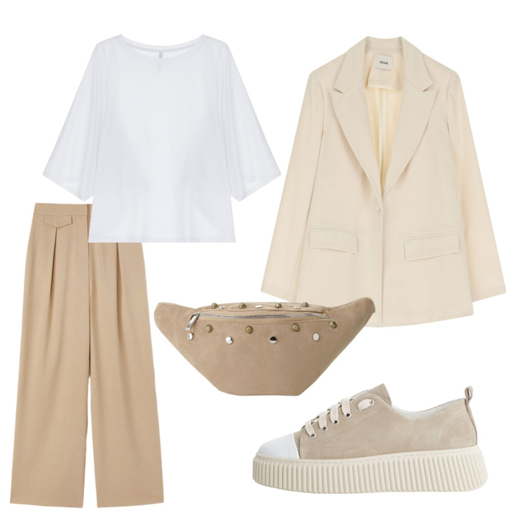 Outfit donna - Total look #2131542. Stile Mannish per Tutti i giorni. Abbinamento con sneakers, t-shirt, marsupi, blazer, pantaloni a palazzo.