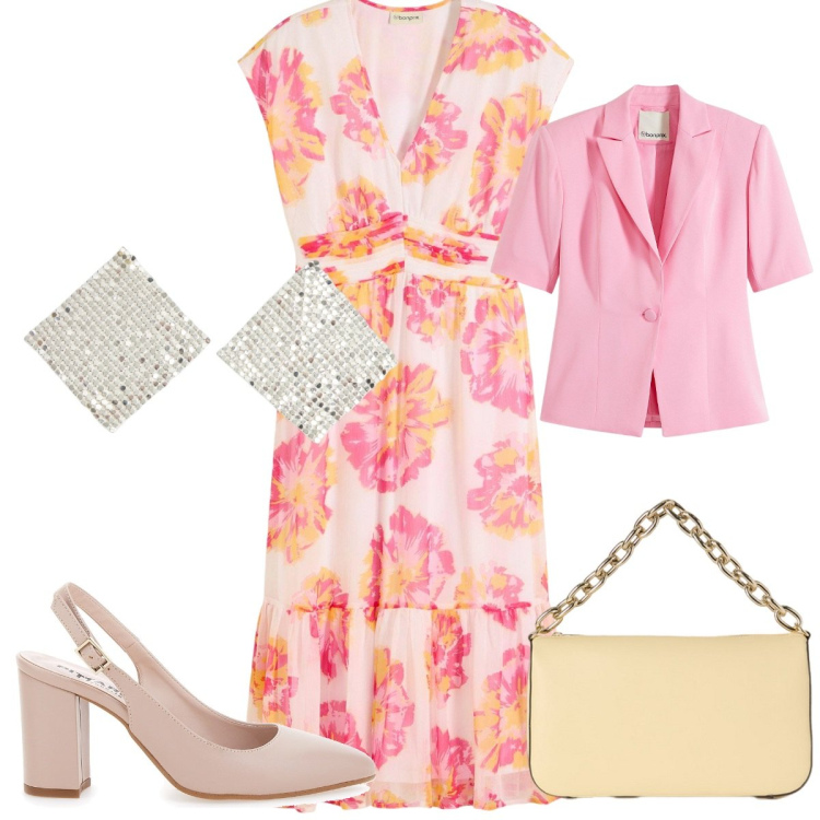 Outfit donna - Total look #2131545. Stile Romantica per Cerimonia. Abbinamento con vestiti midi/longuette, blazer, orecchini, décolleté, borse a tracolla.