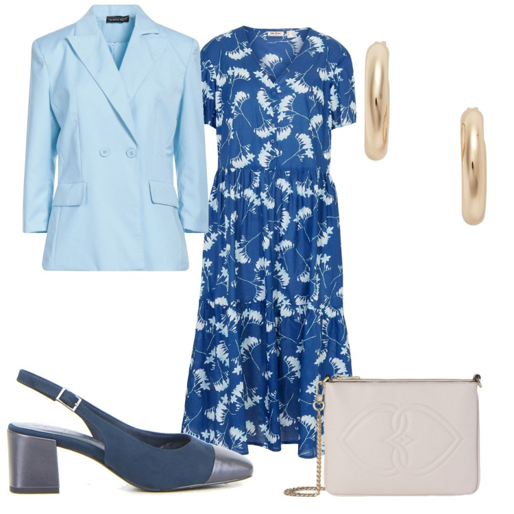 Outfit donna - Total look #2131550. Stile Trendy per Cerimonia. Abbinamento con vestiti midi/longuette, blazer, orecchini, pochette, décolleté.