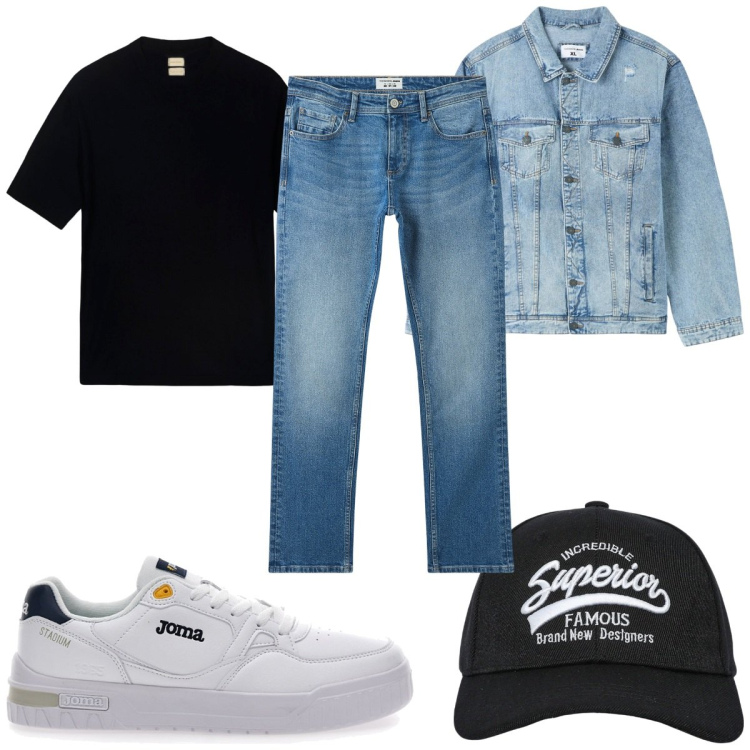 Outfit uomo - Total look #2131556. Stile Trendy per Tutti i giorni. Abbinamento con giacche, jeans, cappelli con visiera, t-shirt, sneakers.