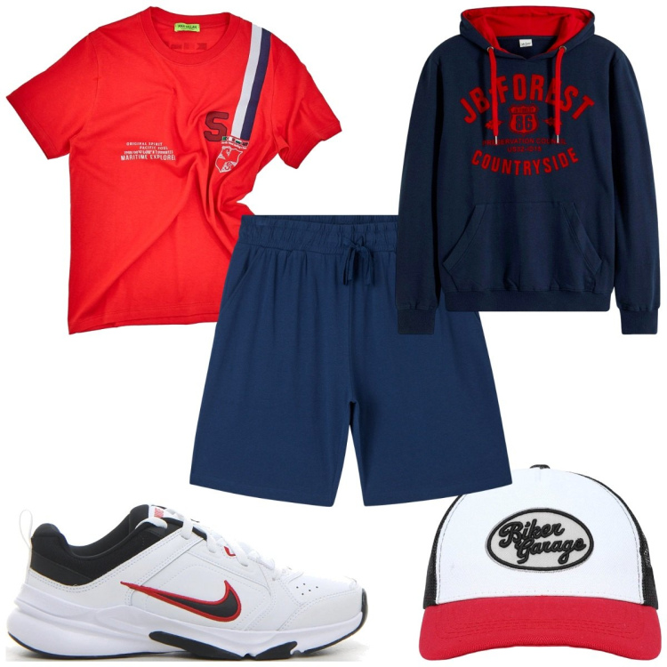 Outfit uomo - Total look #2131564. Stile Trendy per Tutti i giorni. Abbinamento con felpe con cappuccio, cappelli con visiera, pantaloni corti, t-shirt, sneakers.