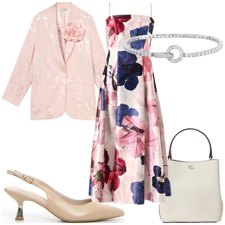 Outfit donna - Total look #2131567. Stile Glamour per Cerimonia. Abbinamento con braccialetti, vestiti midi/longuette, borse a secchiello, blazer, décolleté.