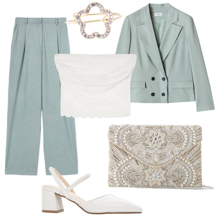 Outfit donna - La giacca doppiopetto con il top. Stile Chic per Cerimonia. look ideale per Tall. Abbinamento con pochette, décolleté, top, anelli, pantaloni a palazzo, blazer.