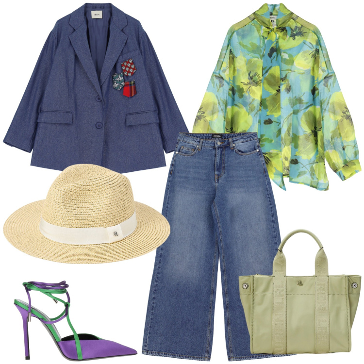 Outfit donna - Total look. Stile Glamour per Ufficio. Abbinamento con décolleté, jeans a zampa, blazer, bluse, cappelli, borse tote.