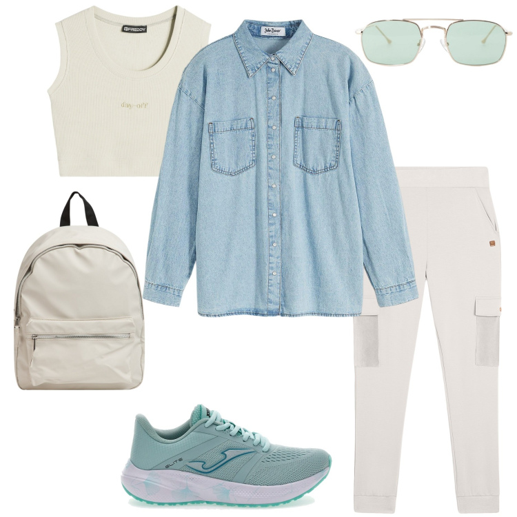 Outfit donna - Gita fuori porta. Stile Casual per Tutti i giorni. Abbinamento con camicie, zaini, occhiali da sole, pantaloni cargo, top, sneakers.