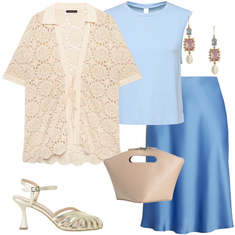 Outfit donna - Cerimonia informale. Stile Chic per Cerimonia. Abbinamento con borse a mano, sandali col tacco, gonne, orecchini, camicie a manica corta, canottiere.