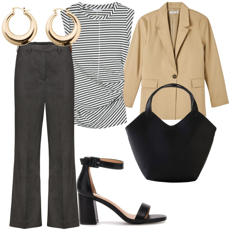 Outfit donna - Pronta per la giornata. per Ufficio. Abbinamento con orecchini, borse a mano, blazer, pantaloni, sandali col tacco, top.