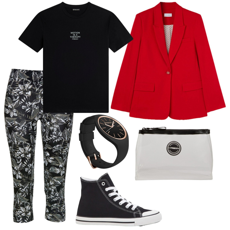 Outfit donna - Sportiva in giacca rossa. per Tutti i giorni. Abbinamento con sneakers alte, leggings, valigie, t-shirt, orologi, blazer.