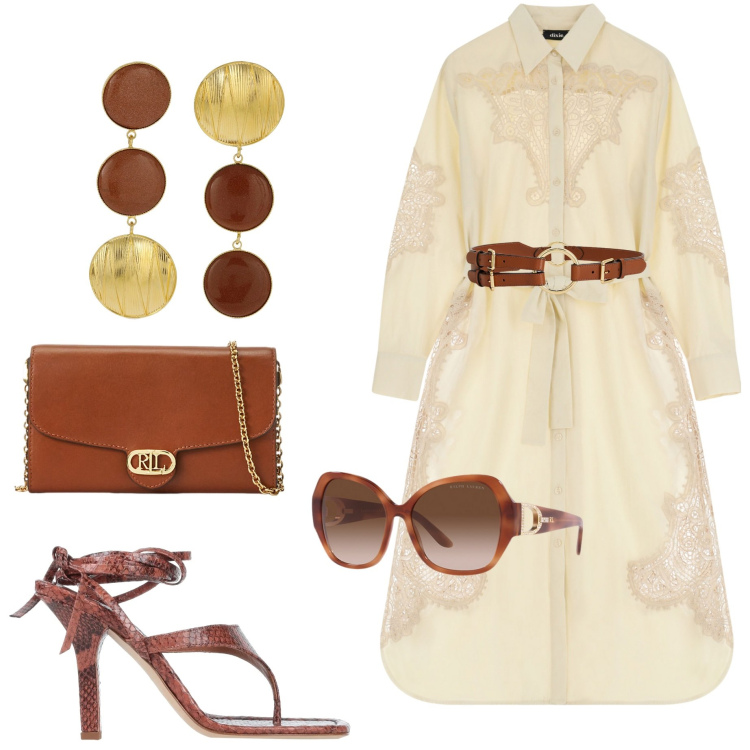 Outfit donna - Serata fuori. Stile Chic per Serata fuori. Abbinamento con infradito, vestiti, occhiali da sole, borse a tracolla, cinture, orecchini.