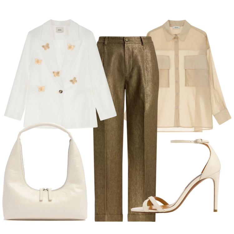 Outfit donna - Le farfalle sulla giacca. Stile Chic per Ufficio. Abbinamento con camicie, blazer, sandali col tacco, pantaloni, borse a spalla.