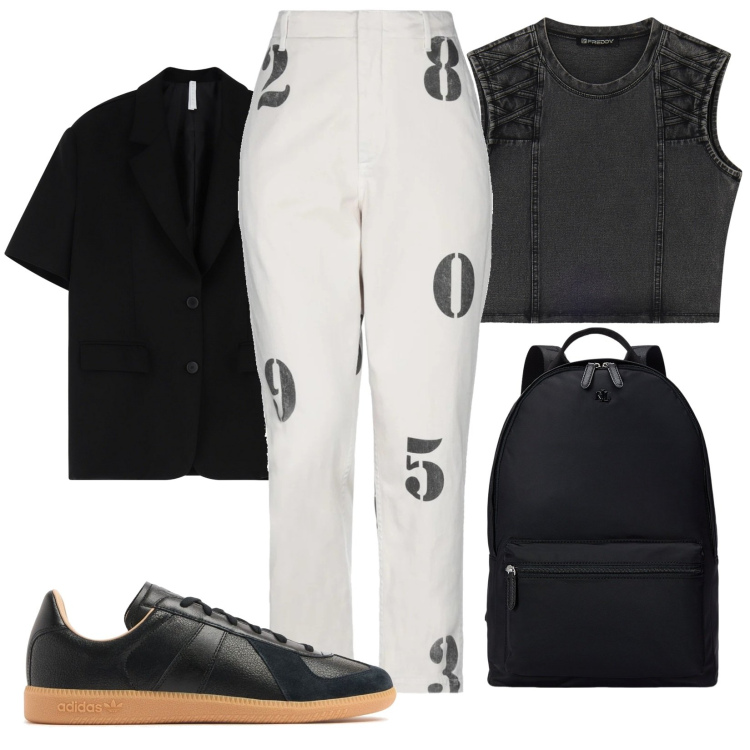 Outfit donna - Vestire con i numeri. Stile Casual per Ufficio. Abbinamento con pantaloni, blazer, top, zaini, sneakers.